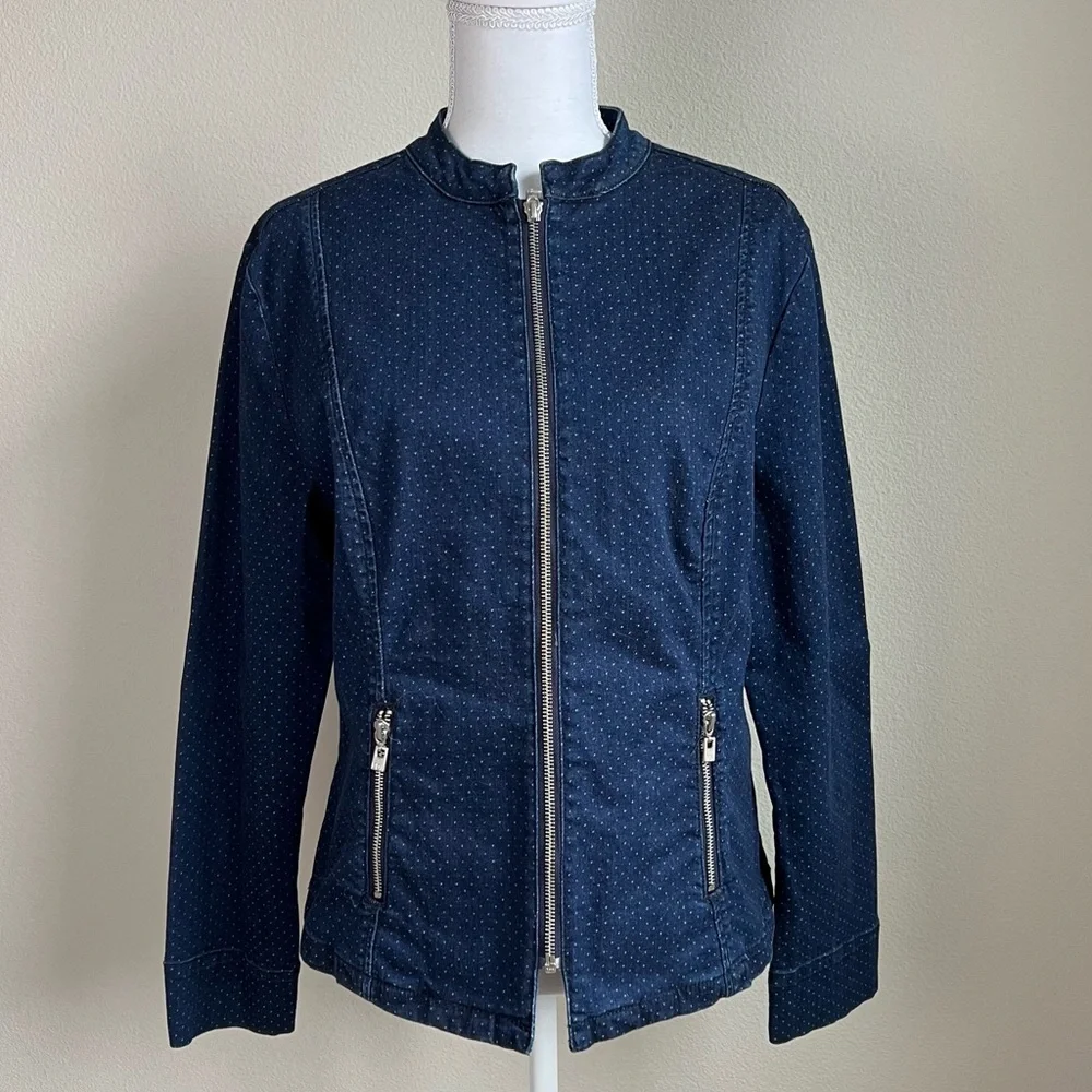 FDJ French Dressing Jeans Denim Jacket Y2K Polka‎ Dot Stretch Blue Zip Front M